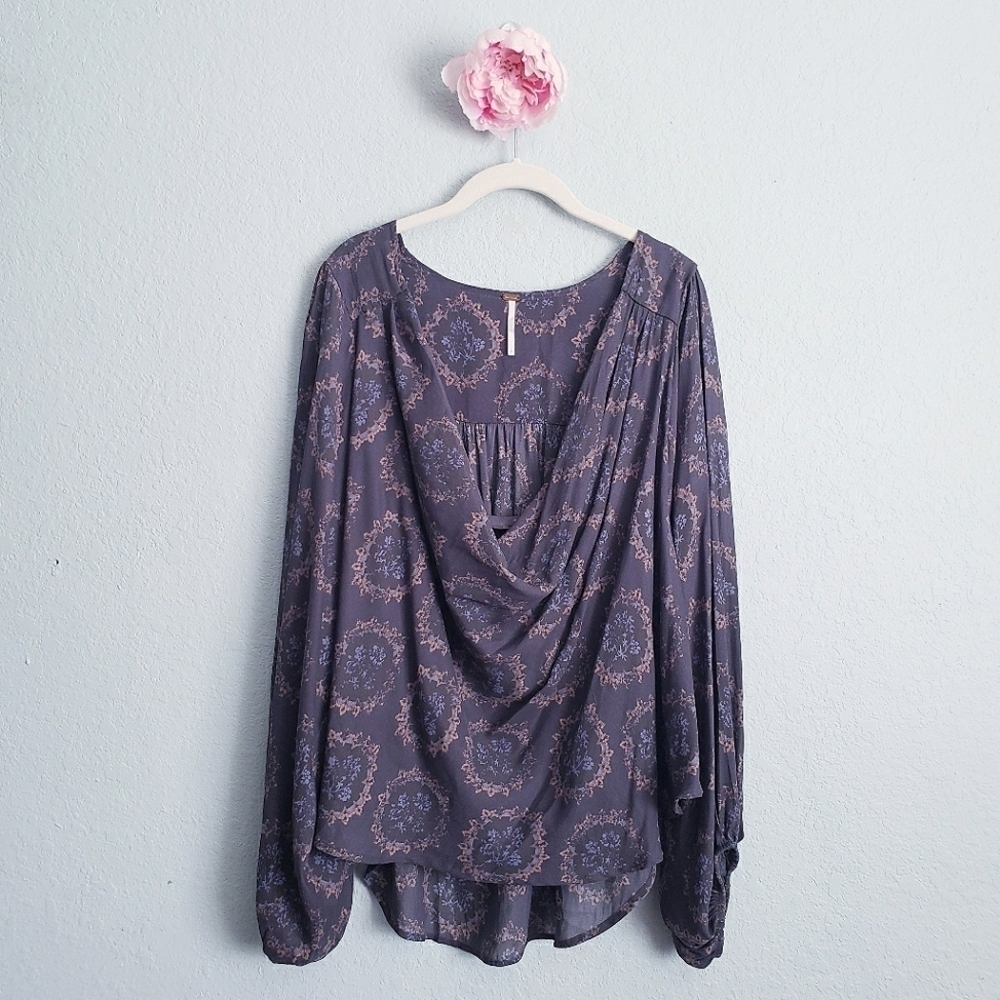 Free People Cowling Around Gray Floral Paisley Long Sleeve Blouse